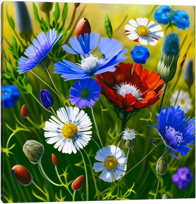 Meadow Flowers In Green Grass. Canvas Art Print - Ievgeniia Bidiuk
