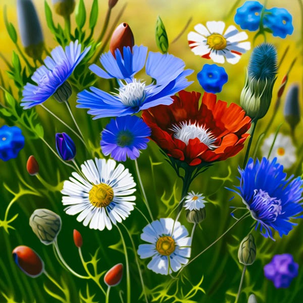 Ievgeniia Bidiuk: Meadow Flowers In Green Grass. by Ievgeniia Bidiuk