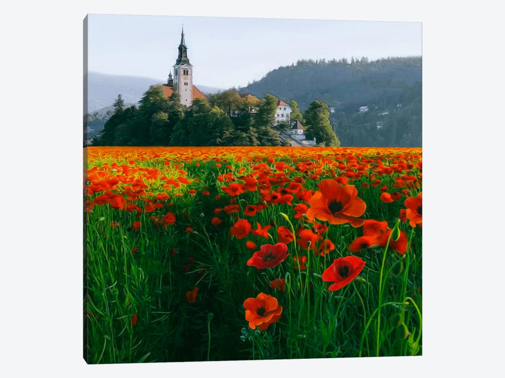 A Field With Blooming Poppies Near The Old Castle. by Ievgeniia Bidiuk 1-piece Canvas Print