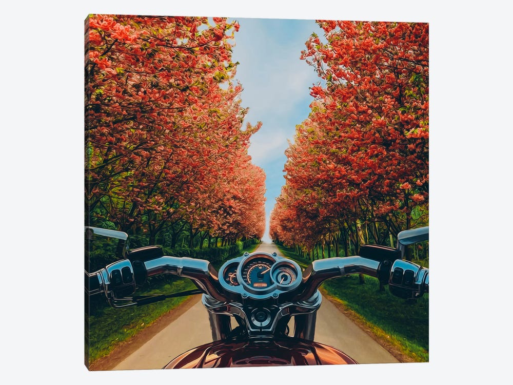 A Motorcycle On A Road With Blooming Spring Trees. by Ievgeniia Bidiuk 1-piece Canvas Artwork