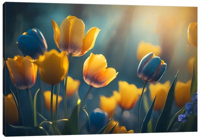 Yellow And Blue Tulips. Canvas Art Print - Tulip Art