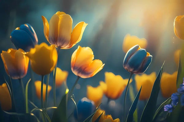 Self-Taught Women Artists: Yellow And Blue Tulips. by Ievgeniia Bidiuk