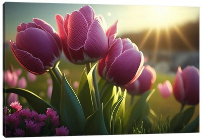 Pink Tulips And The Spring Sun. Canvas Art Print - Ievgeniia Bidiuk