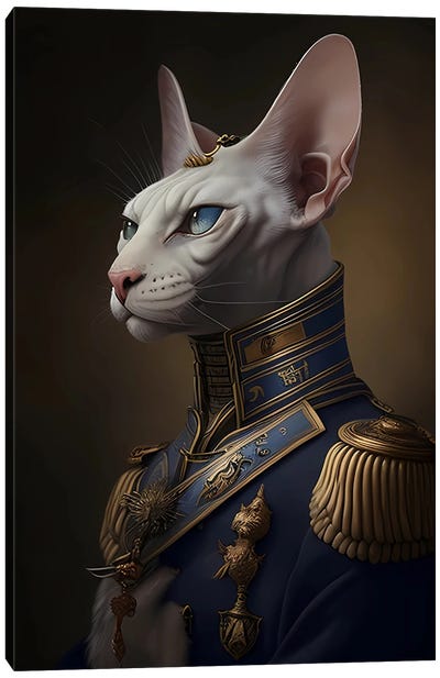 The Sphinx Cat In A General's Uniform. Canvas Art Print - Hairless Cat Art