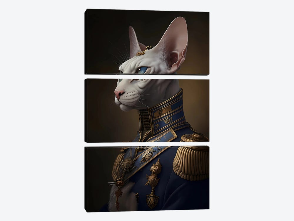 The Sphinx Cat In A General's Uniform. by Ievgeniia Bidiuk 3-piece Canvas Art Print