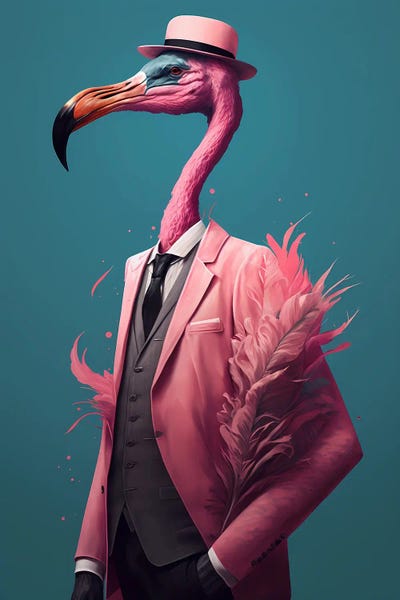 Portrait Of A Pink Flamingo In A Pink Jacket And Hat. by Ievgeniia Bidiuk canvas print