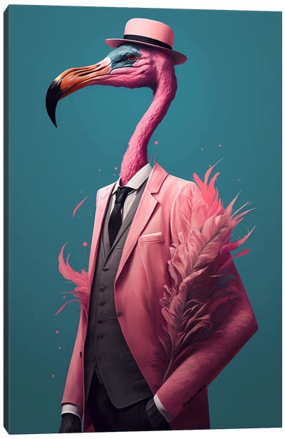 Portrait Of A Pink Flamingo In A Pink Jacket And Hat. Canvas Art Print - Ievgeniia Bidiuk