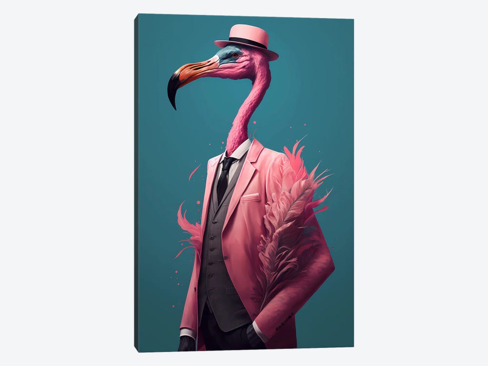 Portrait Of A Pink Flamingo In A Pink Jacket And Hat. by Ievgeniia Bidiuk 1-piece Canvas Wall Art