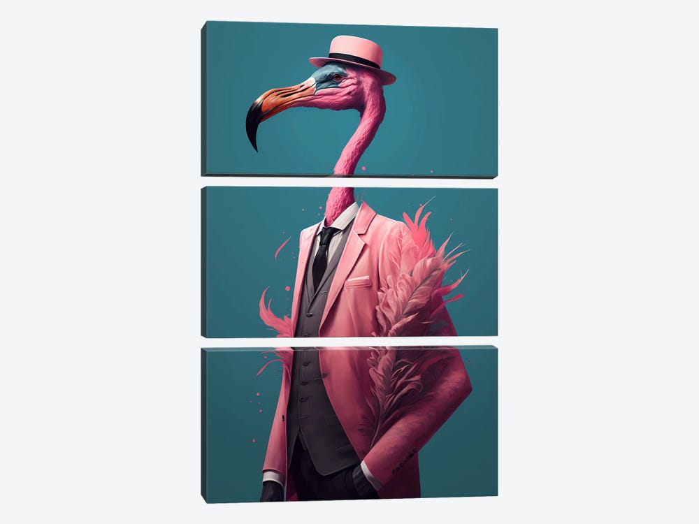 Portrait Of A Pink Flamingo In A Pink Jacket And Hat. by Ievgeniia Bidiuk 3-piece Canvas Art