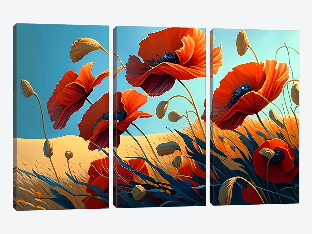 Poppies In Wheat. by Ievgeniia Bidiuk 3-piece Canvas Print