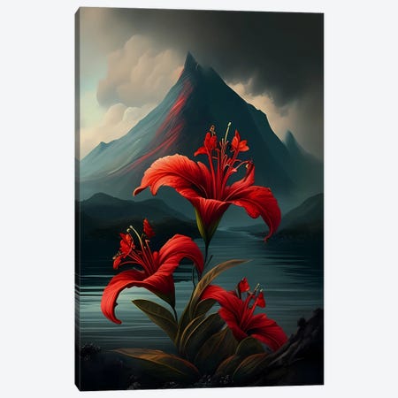 Red Lilies Against A Volcano. Canvas Print #IVG838} by Ievgeniia Bidiuk Art Print