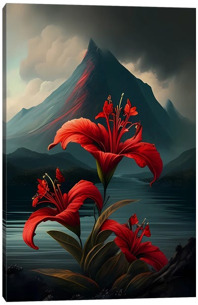 Red Lilies Against A Volcano. Canvas Art Print - Volcano Art