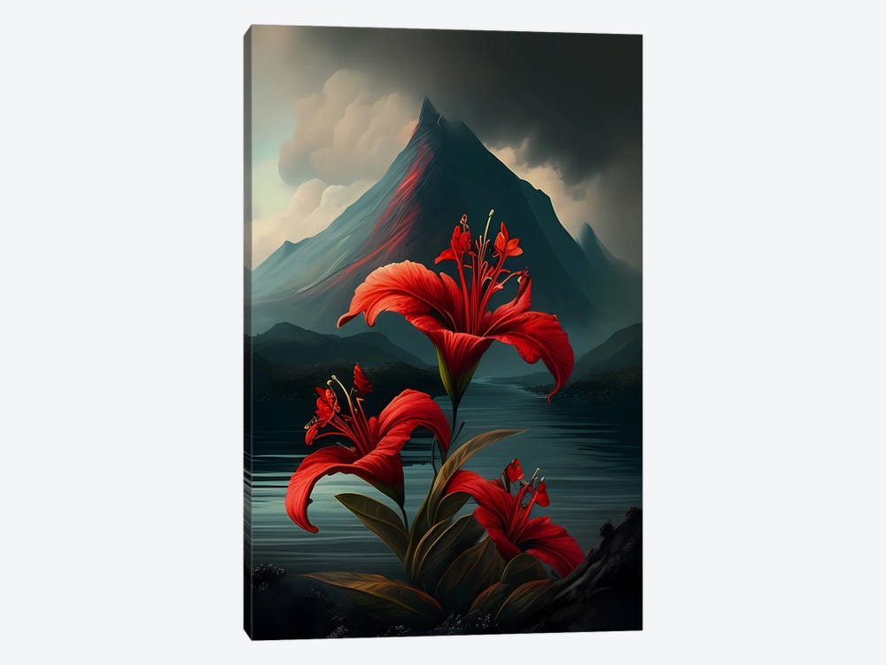 Red Lilies Against A Volcano. by Ievgeniia Bidiuk 1-piece Canvas Artwork