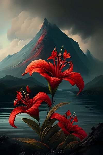 Volcanoes: Red Lilies Against A Volcano. by Ievgeniia Bidiuk