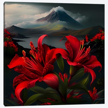 Red Lilies On The Background Of Mountains And A Volcano. Canvas Print #IVG839} by Ievgeniia Bidiuk Art Print