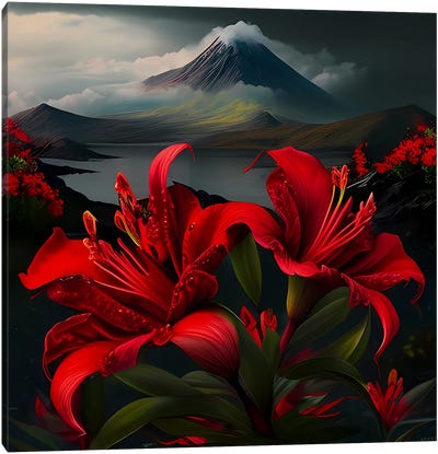 Red Lilies On The Background Of Mountains And A Volcano. Canvas Art Print - Volcano Art