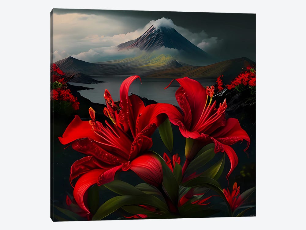 Red Lilies On The Background Of Mountains And A Volcano. by Ievgeniia Bidiuk 1-piece Canvas Print