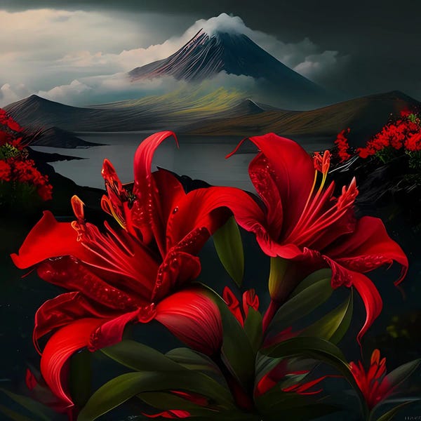 Volcanoes: Red Lilies On The Background Of Mountains And A Volcano. by Ievgeniia Bidiuk