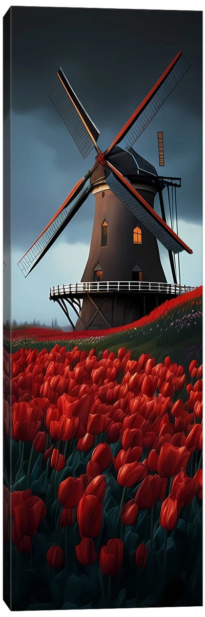 Tulips In Bloom Near The Mill. Canvas Art Print - Watermill & Windmill Art