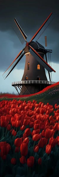 Ievgeniia Bidiuk: Tulips In Bloom Near The Mill. by Ievgeniia Bidiuk