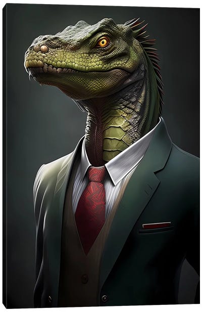 Portrait Of A Reptile In A Jacket. Canvas Art Print - Iguanas
