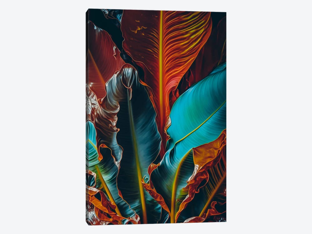 Abstraction Of Banana Leaves In Blue And Orange Shades. by Ievgeniia Bidiuk 1-piece Canvas Print