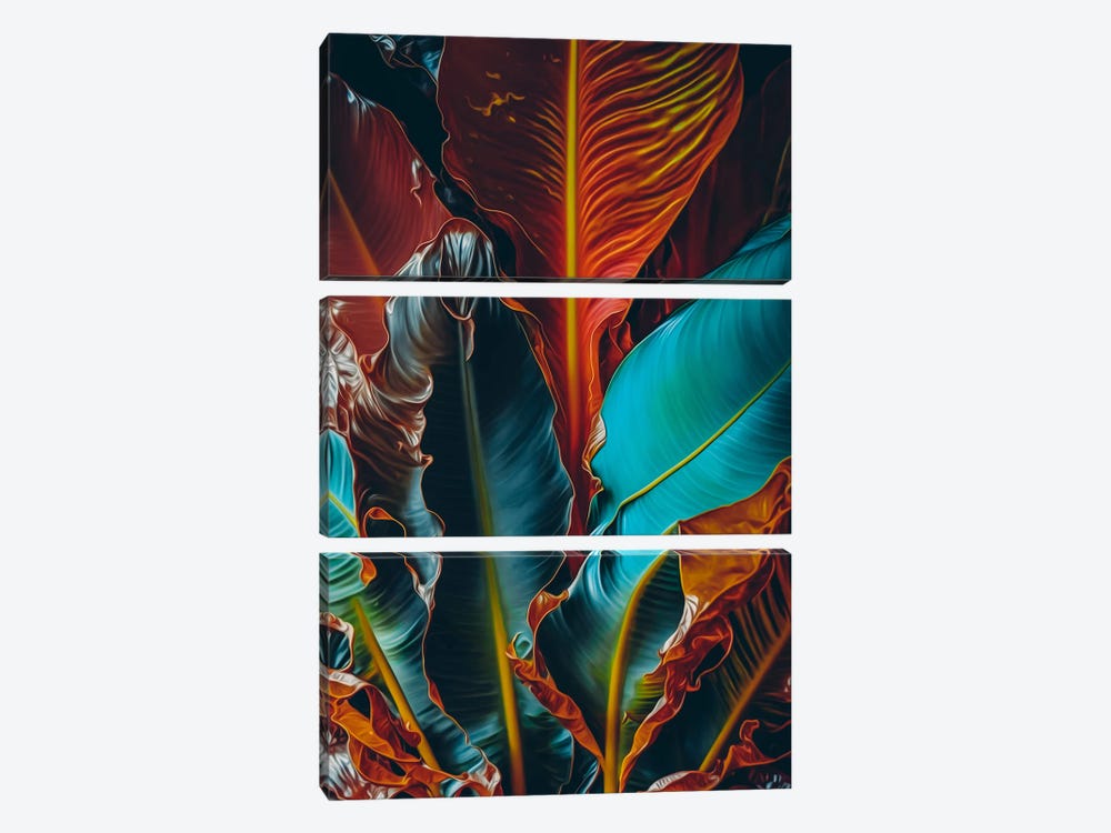 Abstraction Of Banana Leaves In Blue And Orange Shades. by Ievgeniia Bidiuk 3-piece Canvas Print