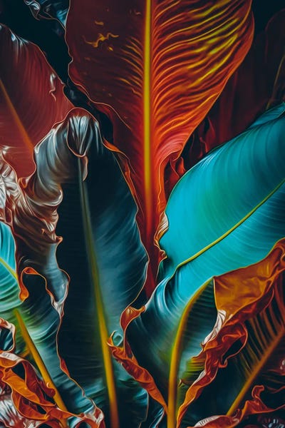 Ievgeniia Bidiuk: Abstraction Of Banana Leaves In Blue And Orange Shades. by Ievgeniia Bidiuk