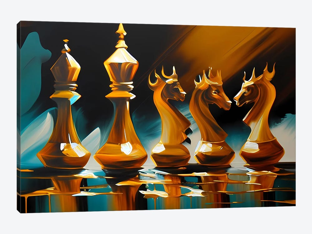 Abstraction Of Chess Pieces In Yellow And Blue Shades. by Ievgeniia Bidiuk 1-piece Canvas Art Print