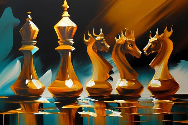 Ievgeniia Bidiuk: Abstraction Of Chess Pieces In Yellow And Blue Shades. by Ievgeniia Bidiuk