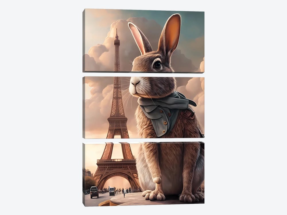 Hare In Paris. by Ievgeniia Bidiuk 3-piece Canvas Print