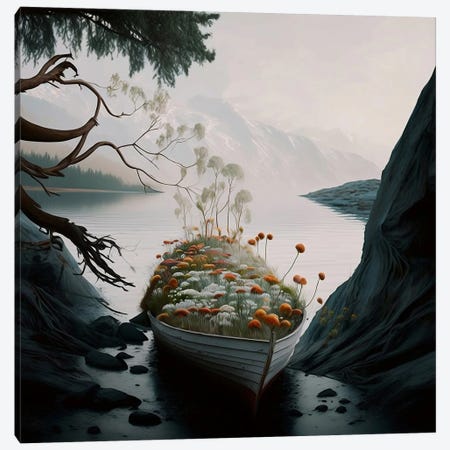 Spring Flowers In A Wooden Boat. Canvas Print #IVG857} by Ievgeniia Bidiuk Canvas Wall Art