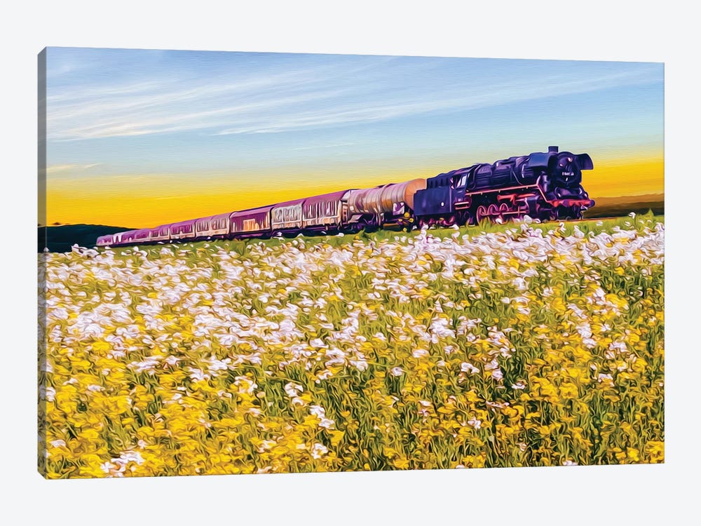 Freight Train And Flowering Meadows by Ievgeniia Bidiuk 1-piece Canvas Art Print