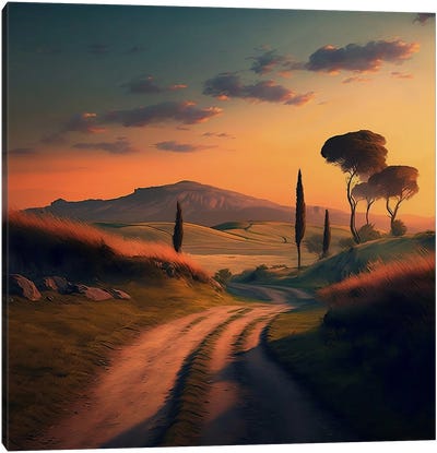 Sunset In Tuscany. Canvas Art Print - Cypress Tree Art