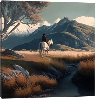 Indian Warrior On A White Horse. Canvas Art Print - Horseback Art