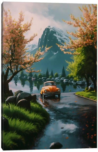 Traveling To Japanese Places With Sakura Trees And Mountain Scenery. Canvas Art Print - Ievgeniia Bidiuk