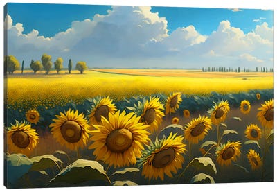 A Flowering Field Of Sunflowers. Canvas Art Print - Ievgeniia Bidiuk