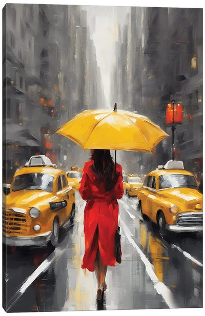 A Woman With An Umbrella On A Street In New York Canvas Art Print - Ievgeniia Bidiuk