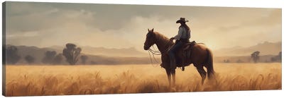 A Cowboy In A Wheat Field Canvas Art Print - Brown Art