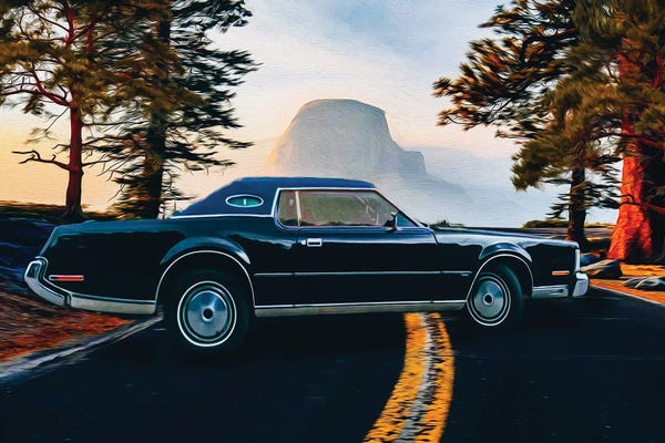 Ievgeniia Bidiuk: Black Retro Car Against The Backdrop by Ievgeniia Bidiuk