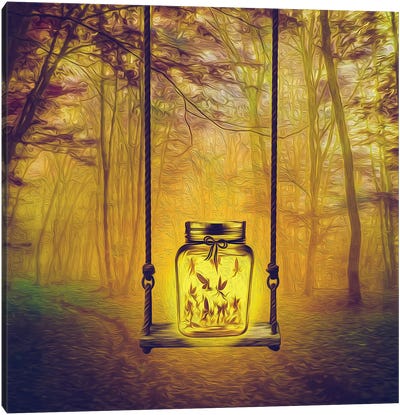Firefly Fairies In A Jar In A Forest Canvas Art Print - Ievgeniia Bidiuk