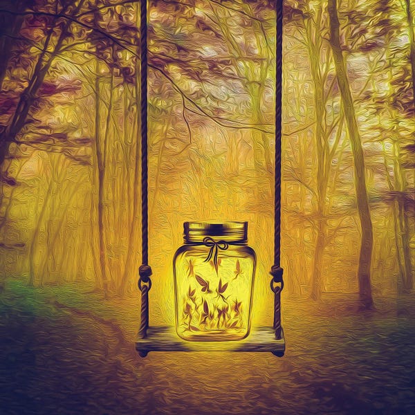 Ievgeniia Bidiuk: Firefly Fairies In A Jar In A Forest by Ievgeniia Bidiuk