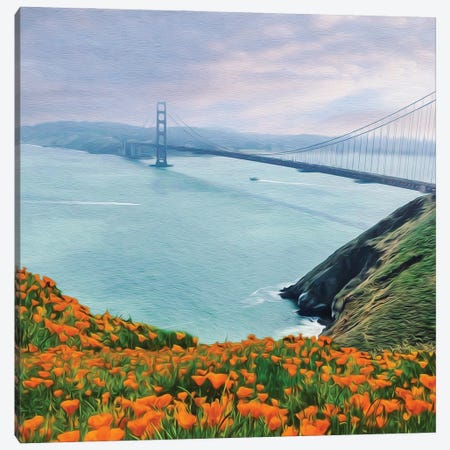 Golden Gate Bridge And A Glade Of Yellow Flowers Canvas Print #IVG97} by Ievgeniia Bidiuk Canvas Art
