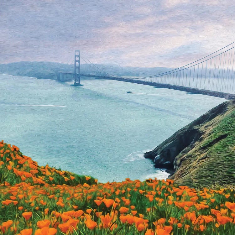 Golden Gate Bridge And A Glade Of Yellow Flowers