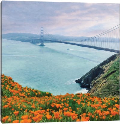 Golden Gate Bridge And A Glade Of Yellow Flowers Canvas Art Print - Ievgeniia Bidiuk