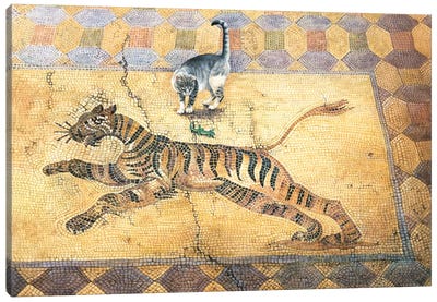 Cat With Lizard And Tiger Canvas Art Print - Reptile & Amphibian Art