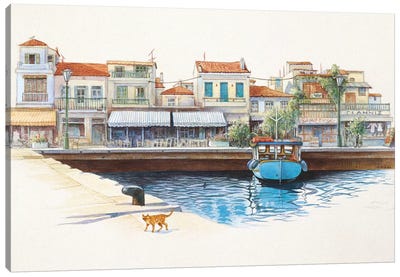 Greek Cat By The Harbour Canvas Art Print - Orange Cat Art