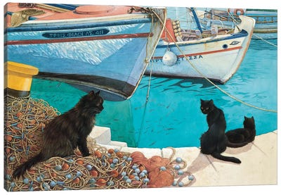Looking At The Fish Canvas Art Print - Ivory Cats