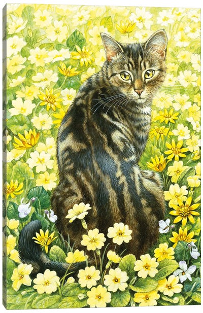 Octopussy In Spring Flowers Canvas Art Print - Ivory Cats