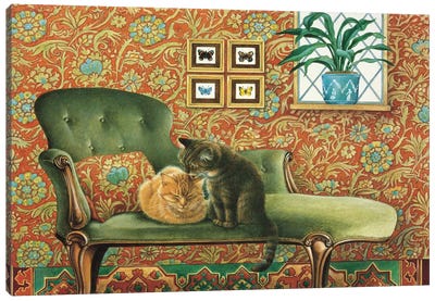 Spiro & Blossom On Chaise Longue Canvas Art Print - Tabby Cat Art